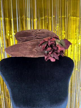 Vintage Velvet Hat Brown Cloche Floral Detail 1990's